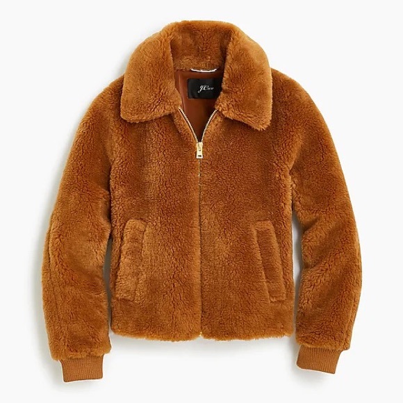 J Crew Teddy Bomber Jacket Coat Cognac L Large